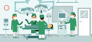 Flat illustration of a surgical team in green scrubs performing a procedure in a sterile operating room with medical monitors