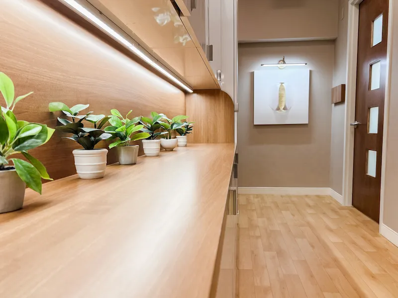 A sleek wooden counter decorated with small potted plants and soft overhead lighting