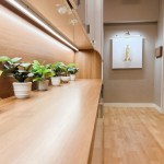 A sleek wooden counter decorated with small potted plants and soft overhead lighting