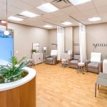 A clean dental waiting room featuring wood-style flooring, a curved white reception desk with a built-in planter, and gray armchairs
