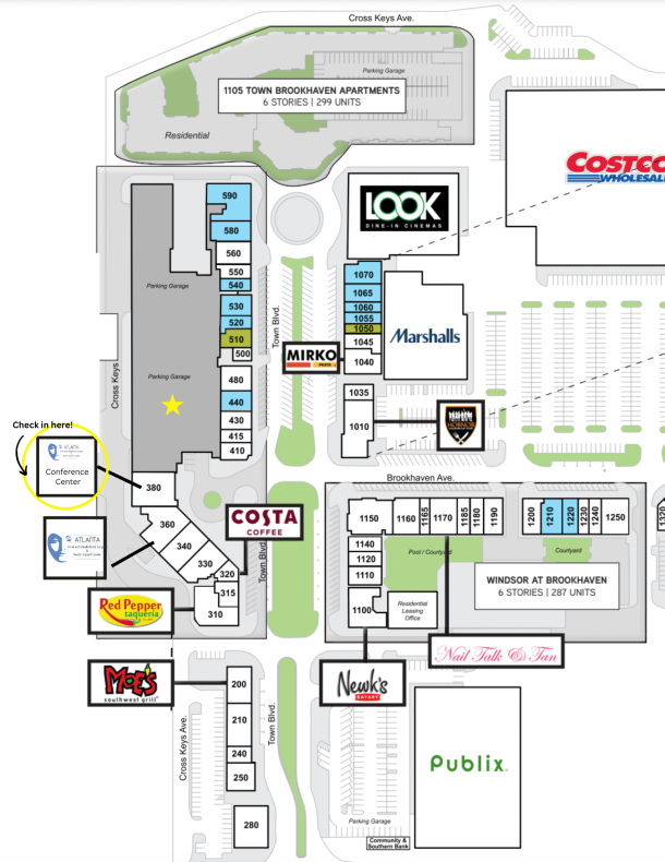 A detailed floor plan or site map of a commercial building complex, highlighting different suites and pathways